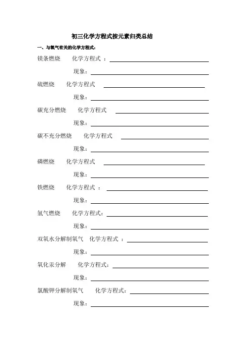 初三化学方程式总结及现象空白