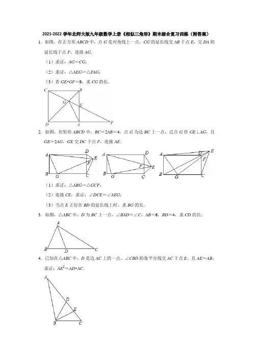 2021-2022学年北师大版九年级数学上册《相似三角形》期末综合复习训练(附答案)