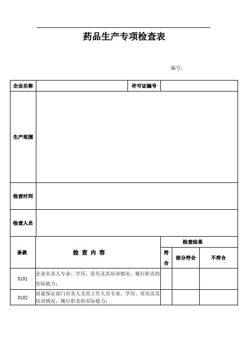 药品生产专项检查表