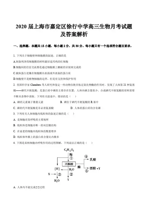 2020届上海市嘉定区徐行中学高三生物月考试题及答案解析