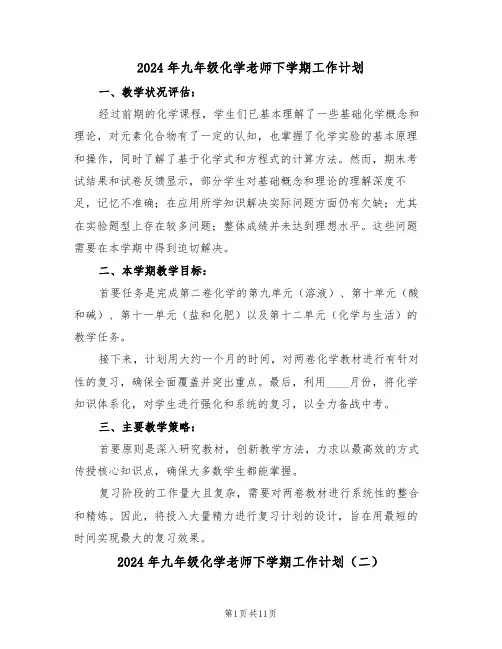 2024年九年级化学老师下学期工作计划（6篇）