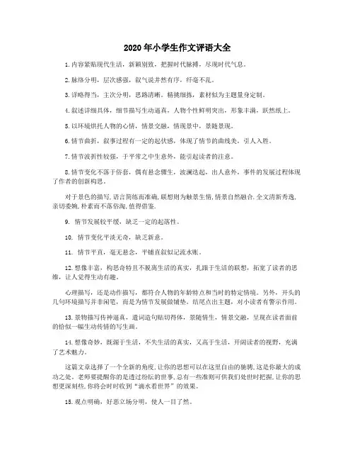 2020年小学生作文评语大全