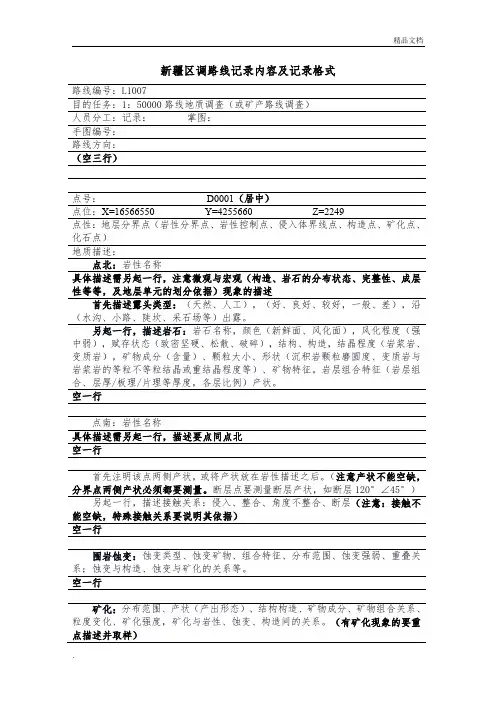 地质调查路线记录内容及记录格式的基本表达格式示例