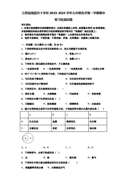 江西省南昌市十学校2023-2024学年九年级化学第一学期期中复习检测试题含解析