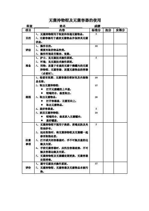 三基操作考核标准表总结