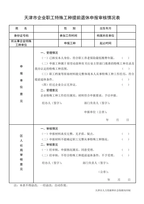 天津市企业职工特殊工种提前退休申报审核情况表