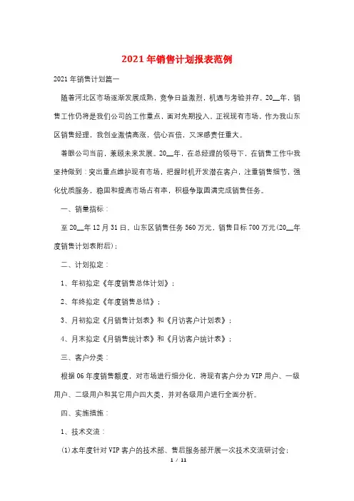 2021年销售计划报表范例
