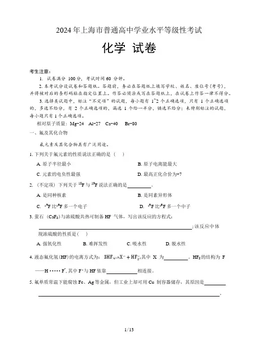 2024年上海市高考化学试卷(含答案)