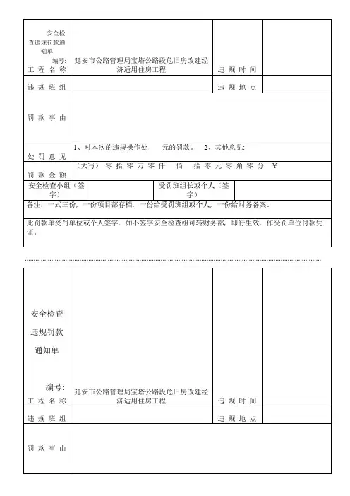 安全检查违规罚款通知单