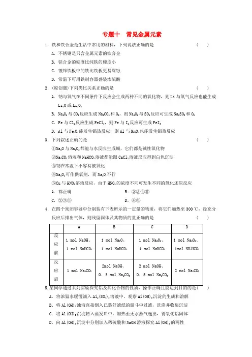 高考化学二轮复习训练 专题十 常见金属元素