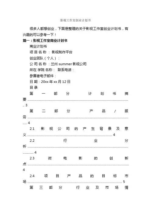影视工作室创业计划书
