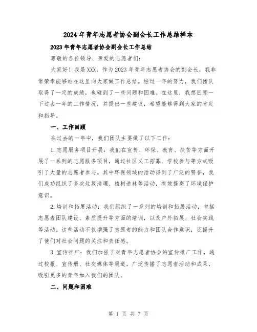 2024年青年志愿者协会副会长工作总结样本（2篇）