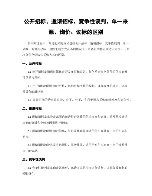 公开招标、邀请招标、竞争性谈判、单一来源、询价、议标的区别