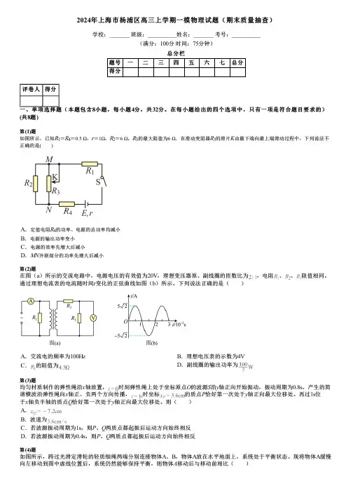 2024年上海市杨浦区高三上学期一模物理试题(期末质量抽查)