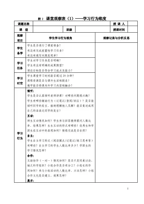 课堂观察表——学习行为维度