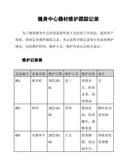 健身中心器材维护跟踪记录