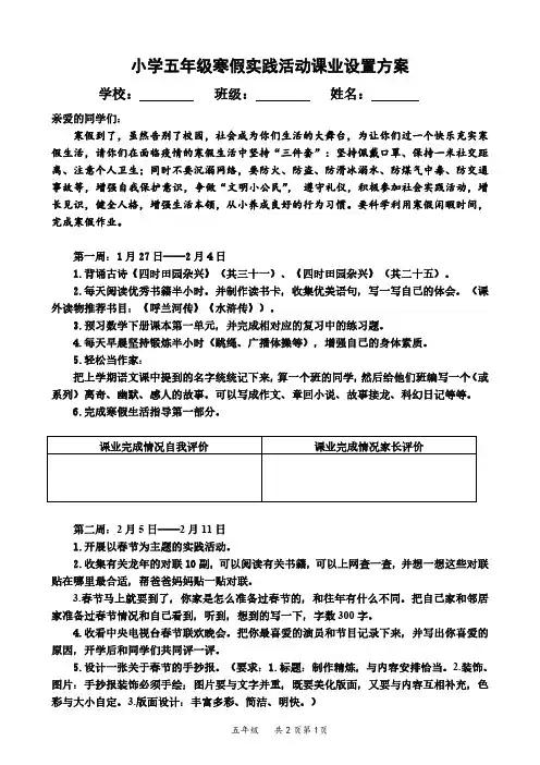 小学五年级寒假实践作业(2)