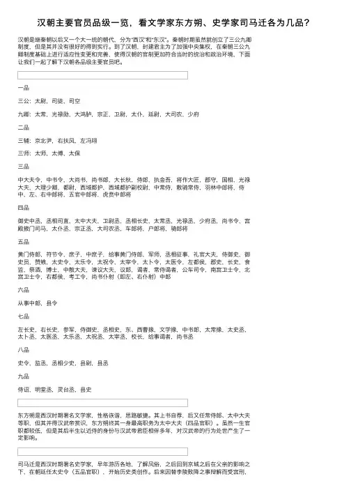 汉朝主要官员品级一览，看文学家东方朔、史学家司马迁各为几品？