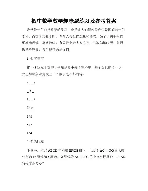 初中数学数学趣味题练习及参考答案