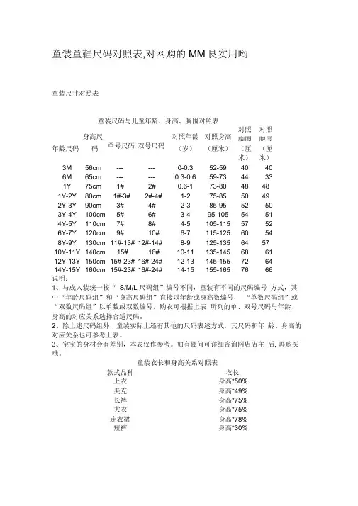 童装童鞋尺码对照
