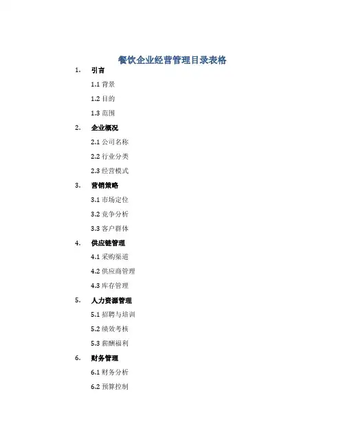 餐饮企业经营管理目录表格