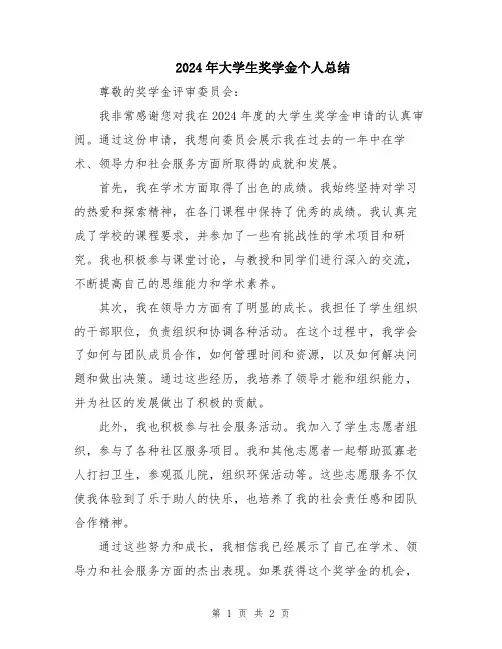 2024年大学生奖学金个人总结