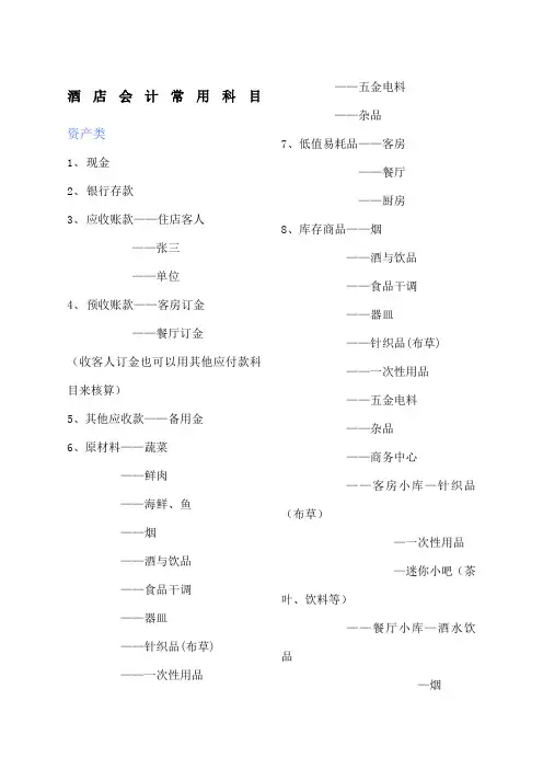 酒店会计科目