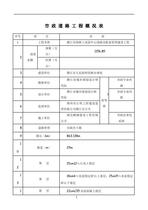 市政道路工程概况表72897