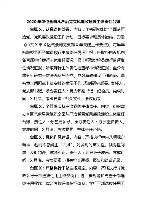 2020年单位全面从严治党党风廉政建设主体责任台账