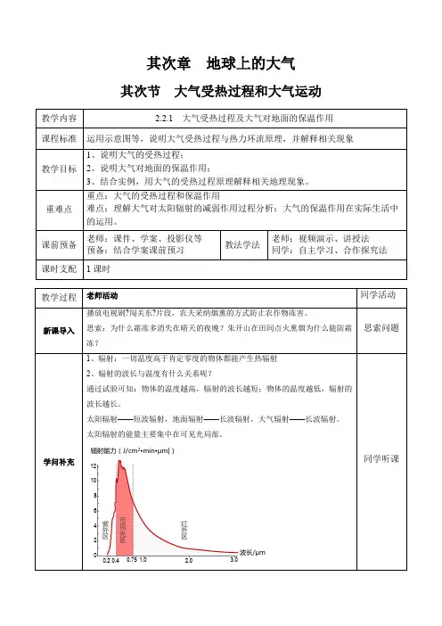 2.2大气的受热过程和大气运动教学设计高中地理人教版必修一