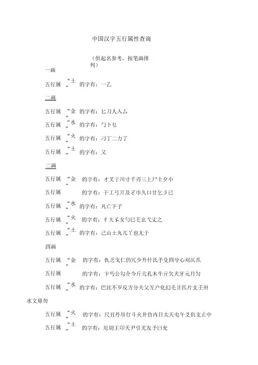中国汉字五行属性查询