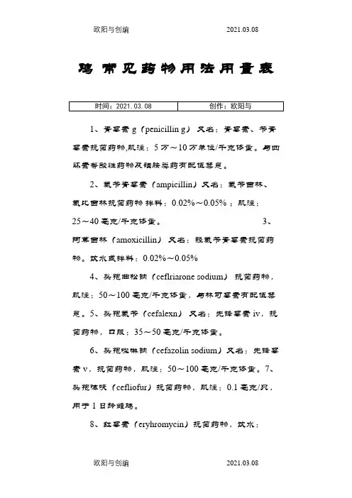 鸡常见药物用法用量表之欧阳与创编