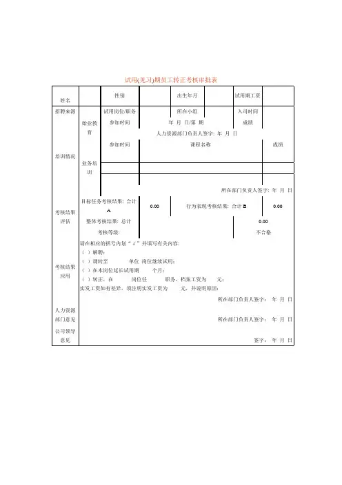 试用(见习)期员工转正考核审批表(表格模板、doc格式)
