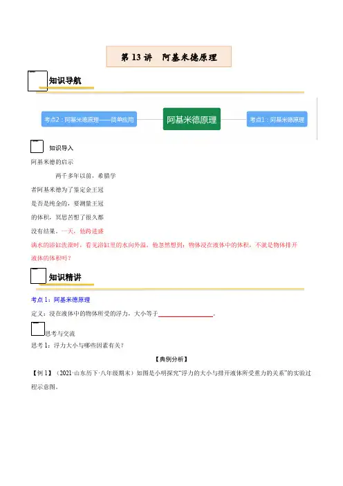 第13讲阿基米德原理—2021-2022学年八年级下册物理精讲精练(人教版)(原卷版+解析)