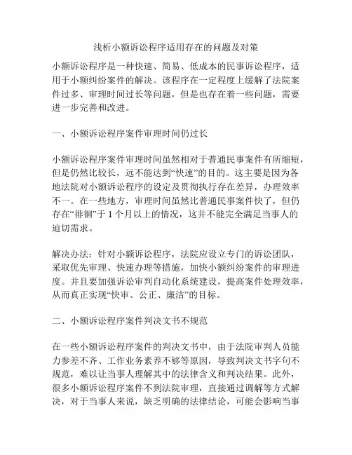 浅析小额诉讼程序适用存在的问题及对策