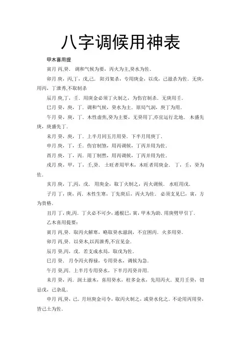 八字调候用神表