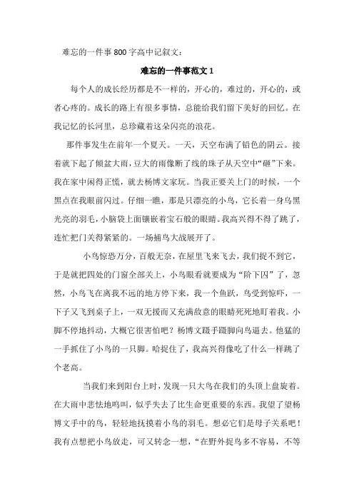 难忘的一件事800字高中记叙文