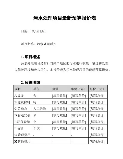 污水处理项目最新预算报价表
