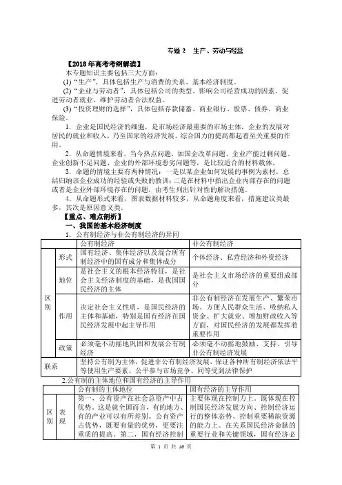 2018年高考政治考纲解读与热点难点突破：专题02 生产、劳动与经营(专题)
