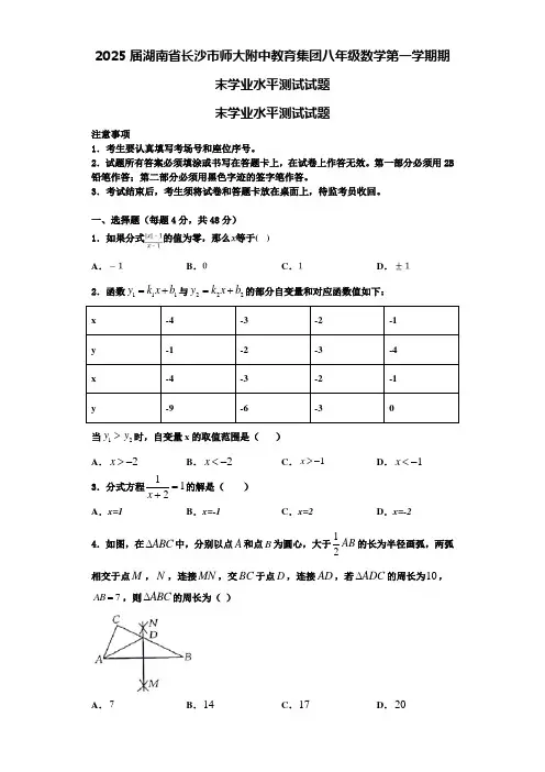 2025届湖南省长沙市师大附中教育集团八年级数学第一学期期末学业水平测试试题含解析