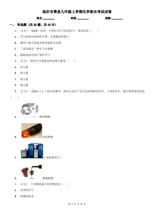 临沂市费县九年级上学期化学期末考试试卷