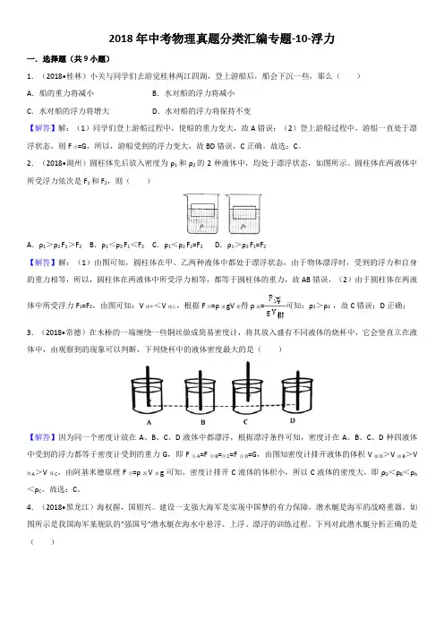 中考物理真题分类汇编专题10-浮力