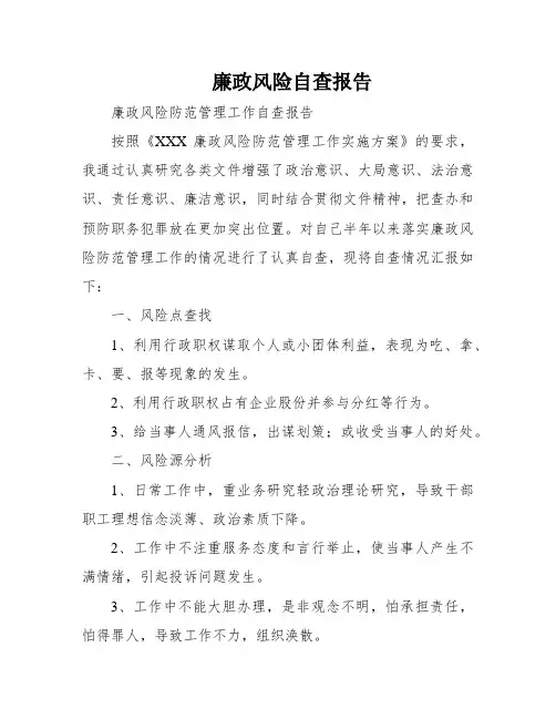 廉政风险自查报告