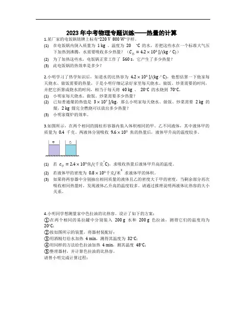 2023年中考物理专题训练——热量的计算
