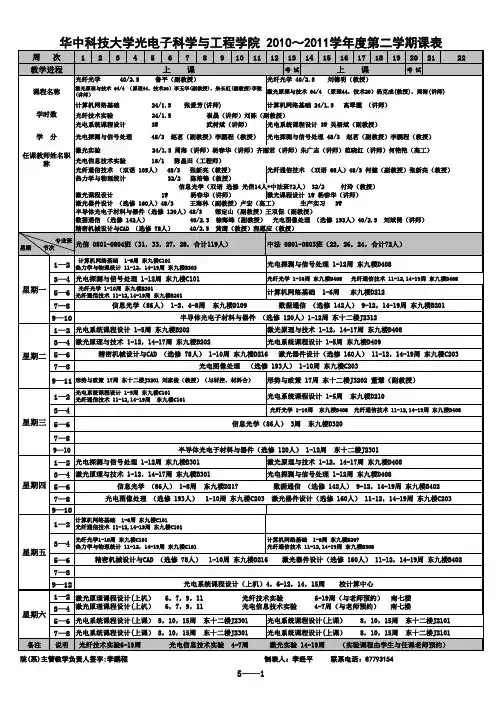华中科技大学光电子科学与工程学院 2010～2011学年度第二学期课表