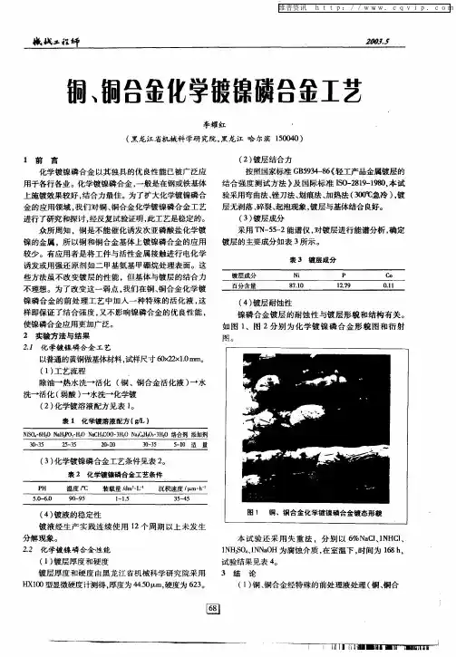铜、铜合金化学镀镍磷合金工艺