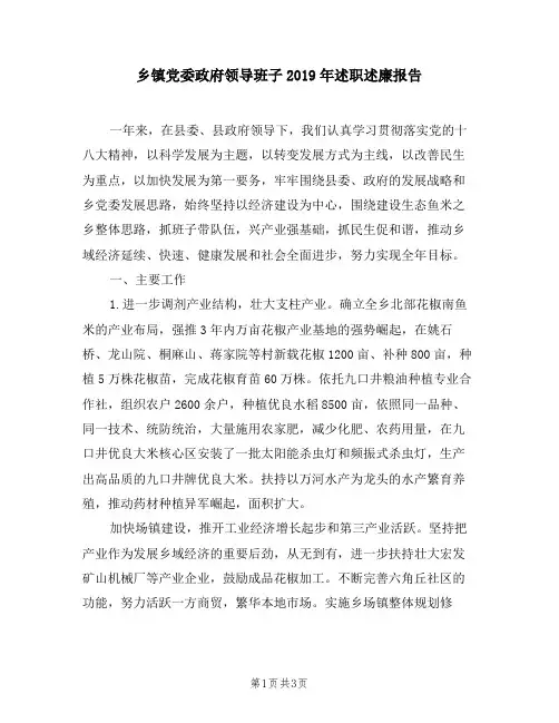 乡镇党委政府领导班子2019年述职述廉报告