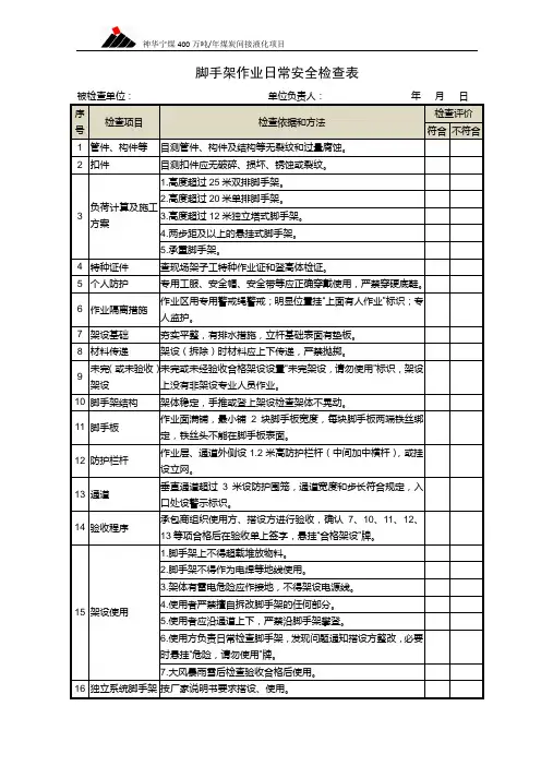 (脚手架表格)脚手架作业日常安全检查表