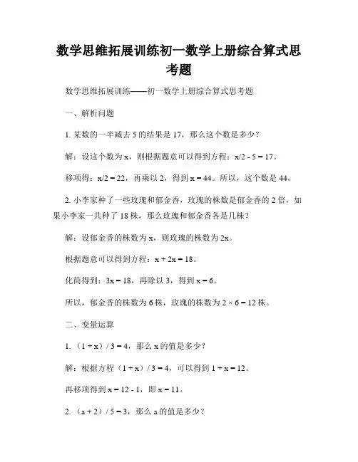 数学思维拓展训练初一数学上册综合算式思考题