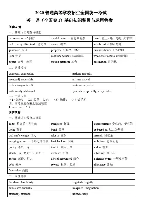 1.2020年高考英语全国卷I基础知识积累与运用(答案版)